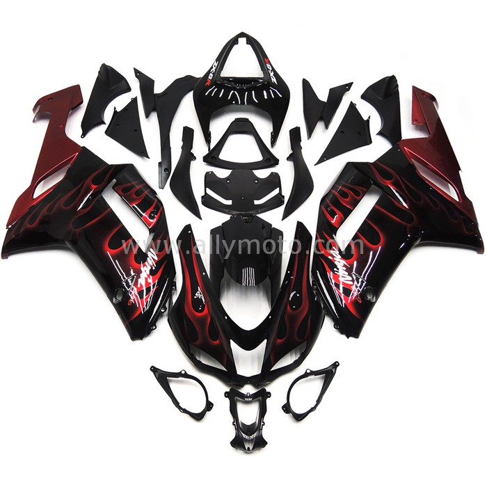 0218 Fairing Kawasaki Ninja ZX6R ZX-6R 07 08 2007 2008 Cowling Black Red Flame